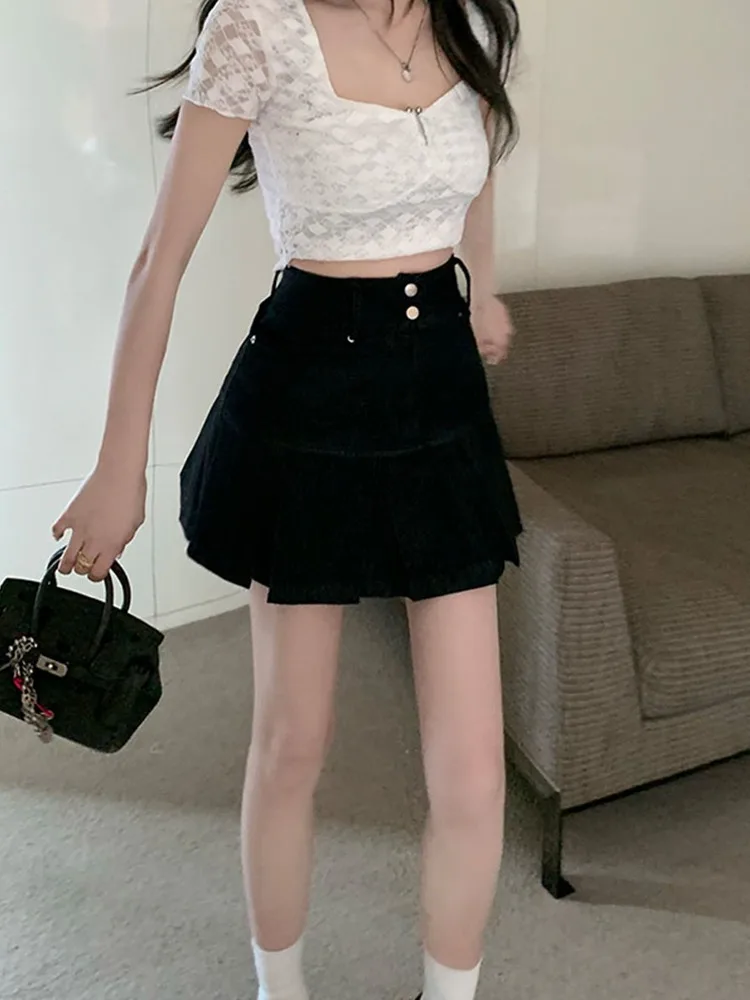 High Waist Pleated Denim  Skirt Women Summer plus Size Belly Cover Slimming A-Line Short Skirts Korean Style Cotton