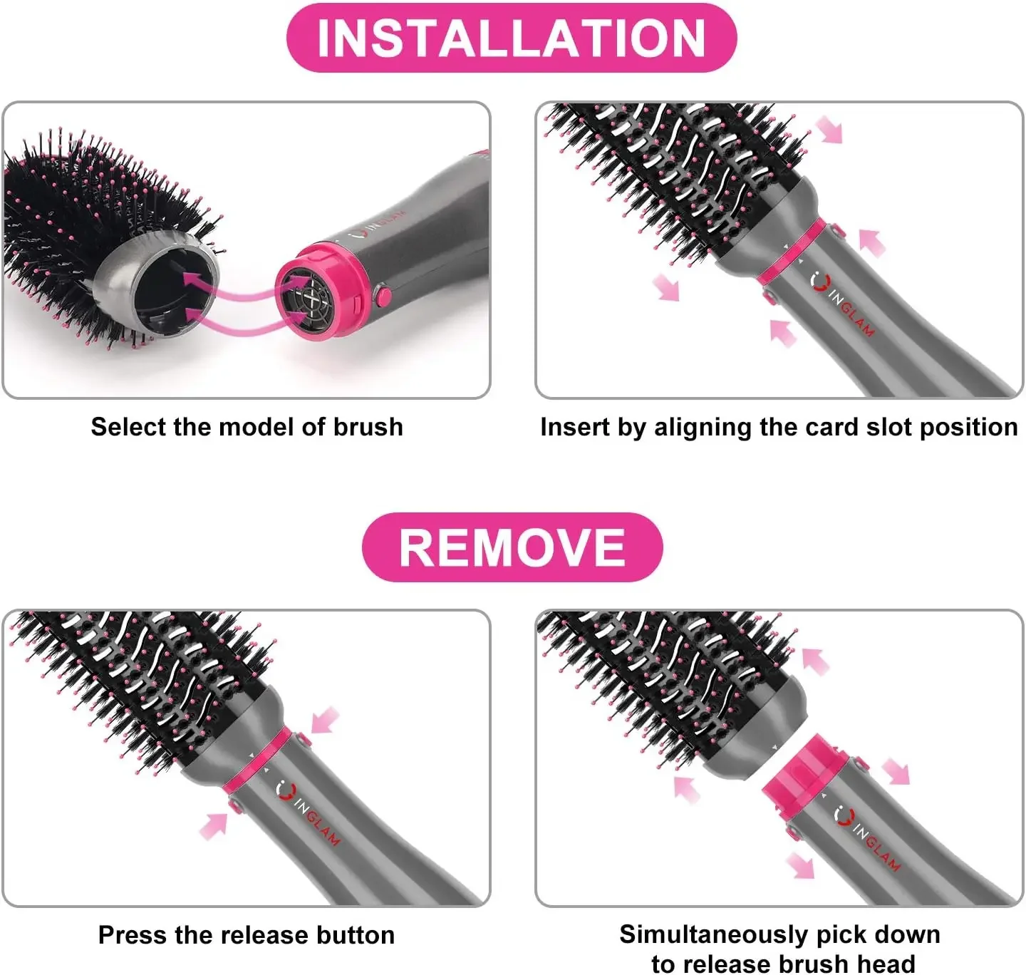 NEW INGLAM 4 in 1 Blowout Brush, Negative Ion Detachable Hair Dryer & Styler Volumizer Hot Air Brush with 2 Styling Brush Heads,