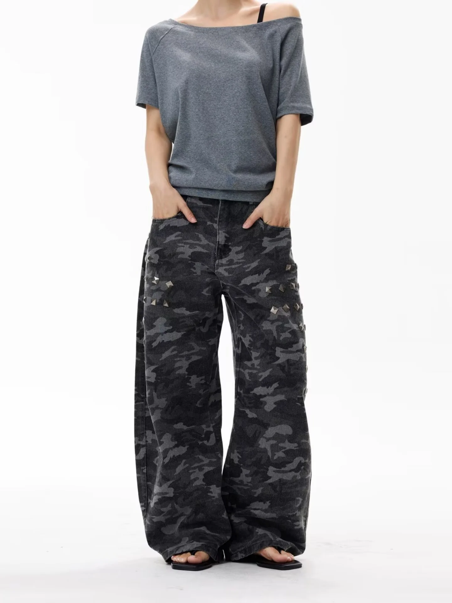Calças Jeans Americanas Retrô Camufladas de Trabalho, Soltas, de Perna Larga e Reta, Comprimento Total, para Homens e Mulhere...
