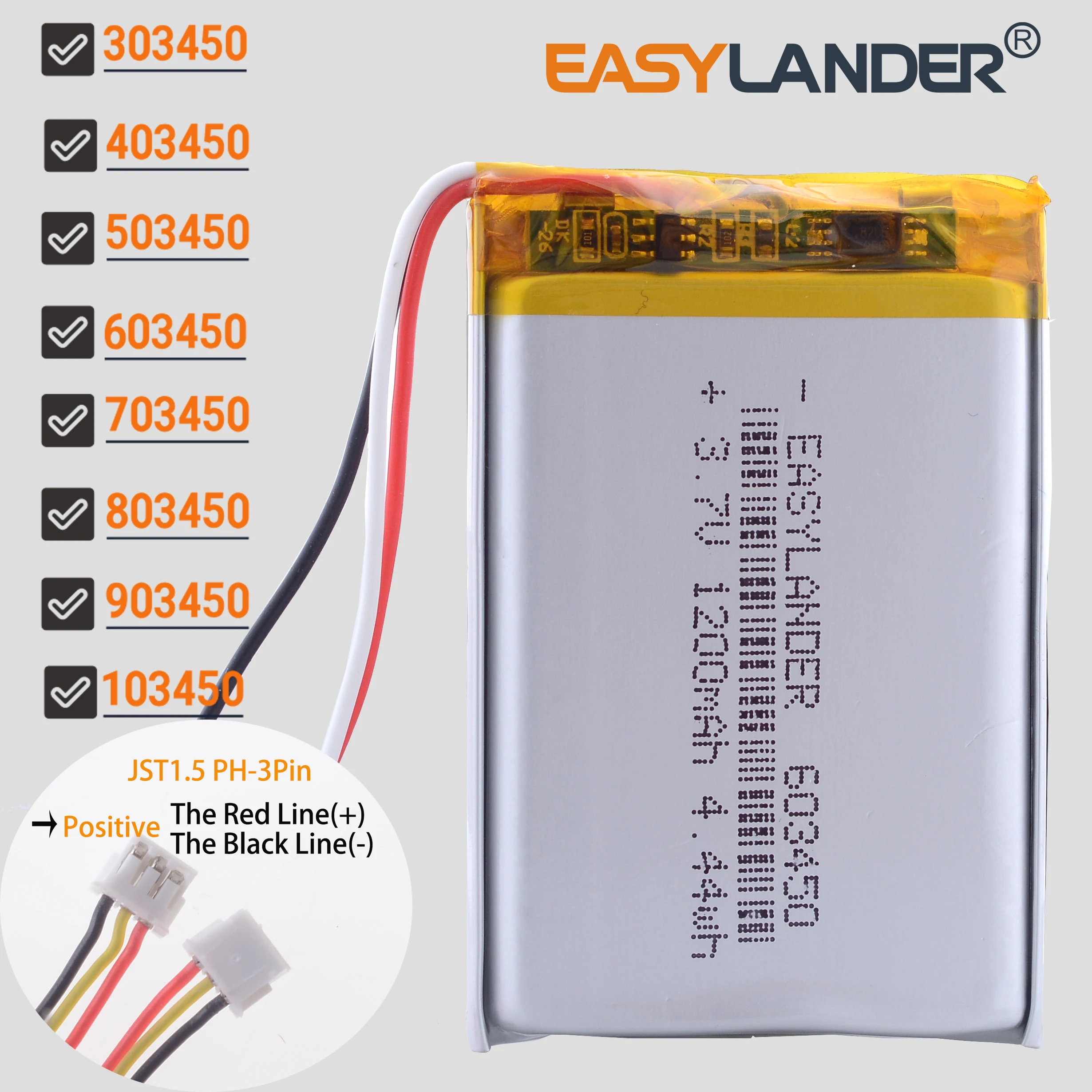 JST ZH1,5 мм 3-контактный 3,7 В 600 ~ 2300 мАч литий-ионный полимерный аккумулятор 303450 403450 503450 603450 703450 803450 903450 103450 123450