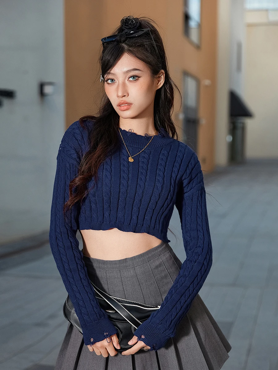 wsevypo Cable Knit Cropped Sweaters Women's Vintage Long Sleeve Crew Neck Jumper Tops Classic Solid Color Slim Pullover Tops