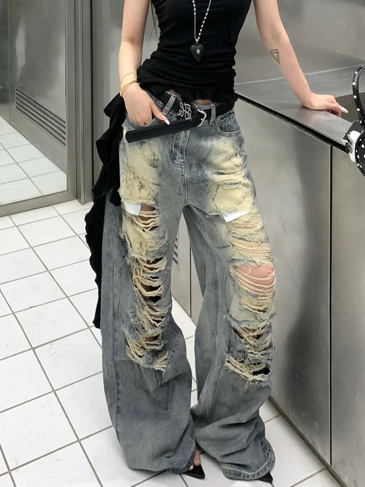 

American style retro design ripped jeans women's summer new style loose lazy relaxed wide leg versatile fashion street pants