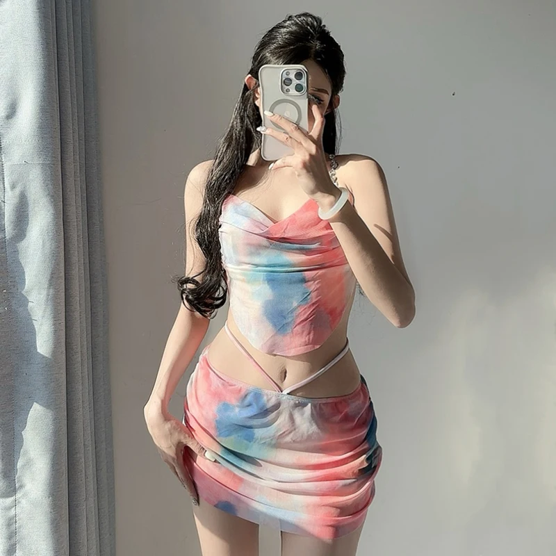 

2025 Новый комплект бикини из 3 предметов с принтом омбре, сексуальный купальник с открытой спиной и ремешками, пляжный комплект для горячих источников и отпуска