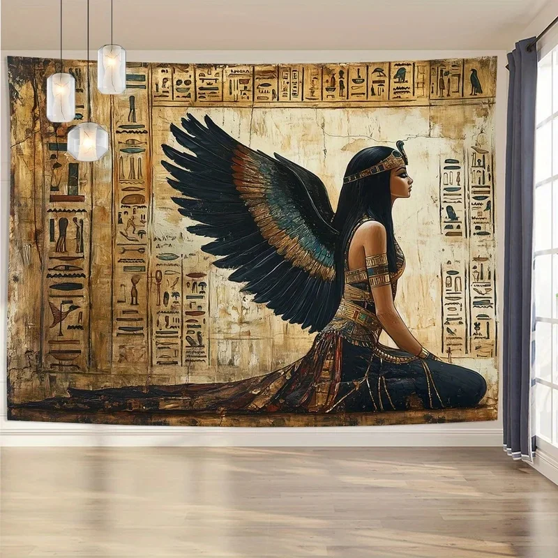 VIKAMA Ancient Egyptian Goddess Isis Tapestry Hieroglyphs Winged Egypt Mural Wall Hanging Vintage Bedroom Living Room Decor Back