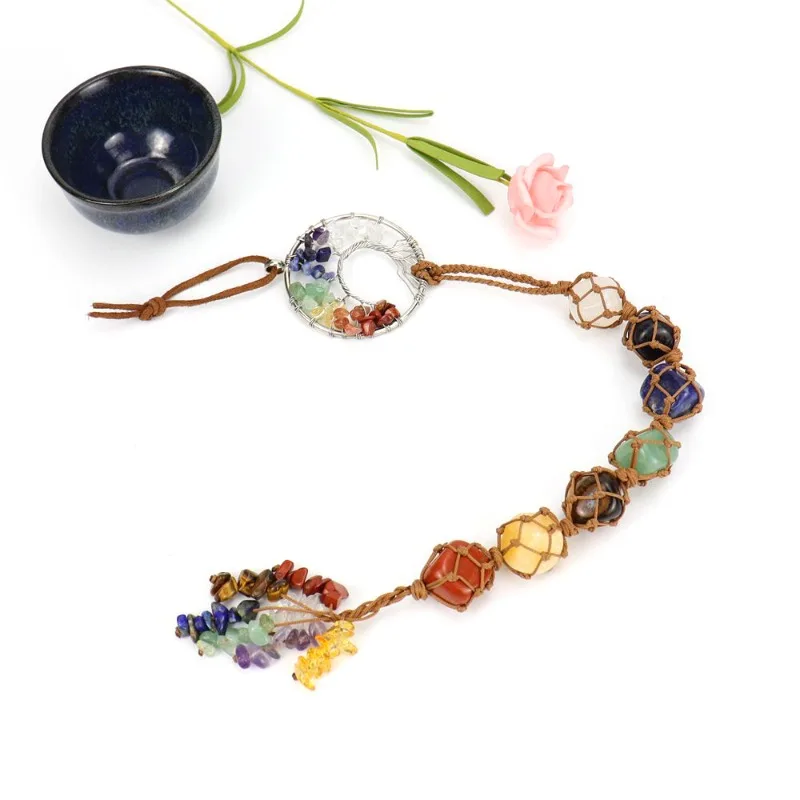 New 7-Color Stone Crushed Stone Woven Tree of Life Car Hanging Bedroom Dreamcatcher Ornament