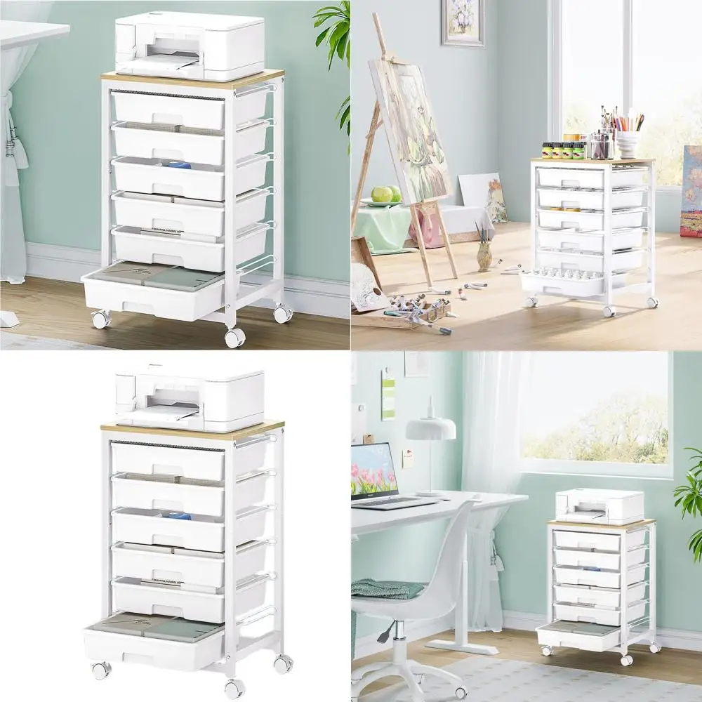 

6-Drawer Rolling Storage Cart with Wooden Top for Desk Organization, White