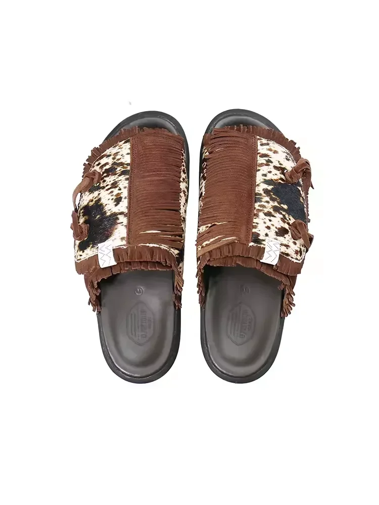 VISVIM summer coffee leopard print tassel stitching genuine leather new trend slippers for men and women