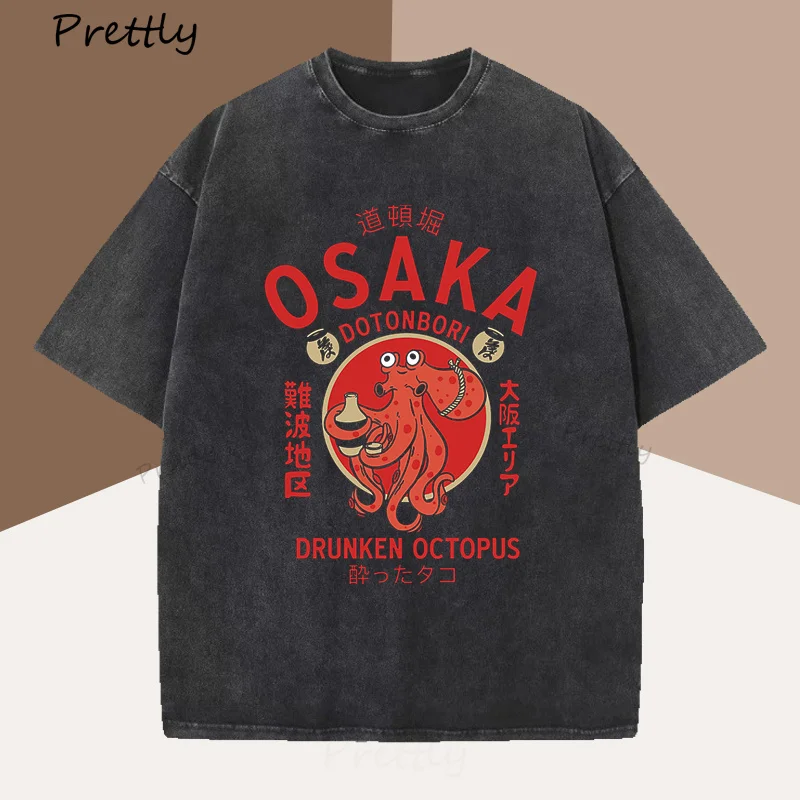 Osaka Dotonbori Drunken Octopus Graphic T Shirts Japanese Style Street Food Lover Tshirt Cotton Vintage Short Sleeve Tees