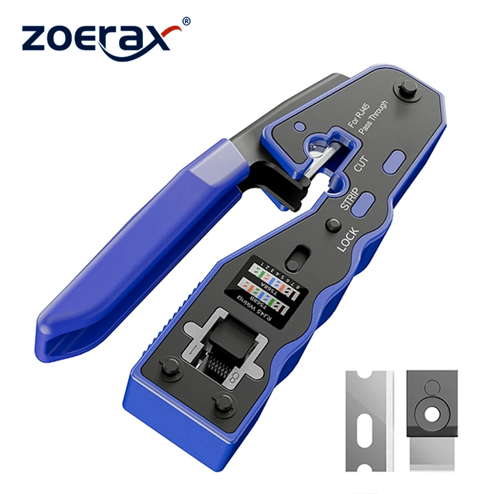 أداة تجعيد ZOERAX RJ45 أداة تجعيد إيثرنت الكل في واحد المكشكش للتمرير من خلال موصلات Cat6 Cat5e مع شفرات بديلة #1