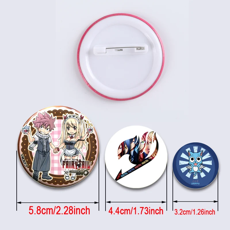 58mm Cute Anime FAIRY TAIL HD Print Badge Cartoon Figure Natsu Lucy Round Display Brooches Lapel Pins Jewelry Decoration Gifts