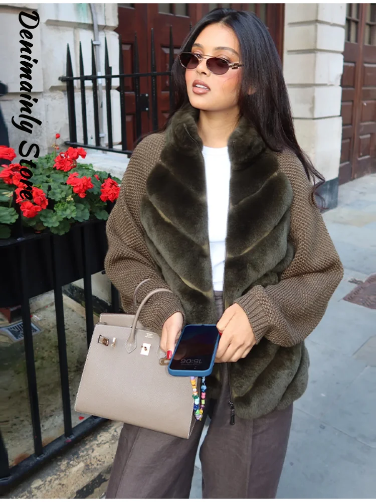 Elegant Faux Fur Twill Patchwork Knit Coat Women high Collar Zipper Full Sleeve Thick Jackets 2025 Winter Outwear 2026Spring New