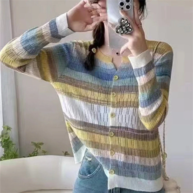 Women Trendy Rainbow Striped Sweet Chic Cute Button Knitted Cardigan Y2K Female O Neck Hollow Long Sleeve Slim Soft Sweater Coat