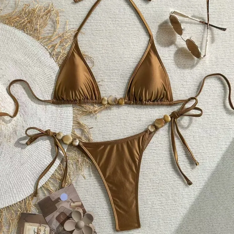 Women's Bikinis and Tankinis New Halter Triangle Bikini Set Women Oil Shiny Brown Swimsuit Two Piece Push Up Bathing Suit