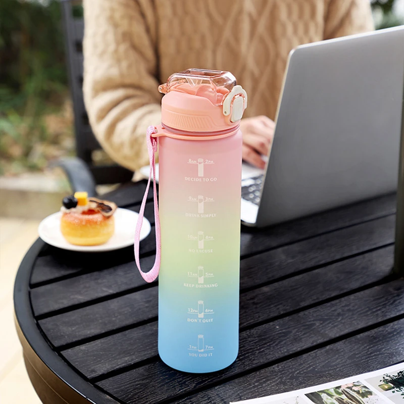 1L Sport Gradient Color Water Bottle Transparent Portable Time Marker Motivational Leakproof Office Outdoor Travel Gym Straw Cup