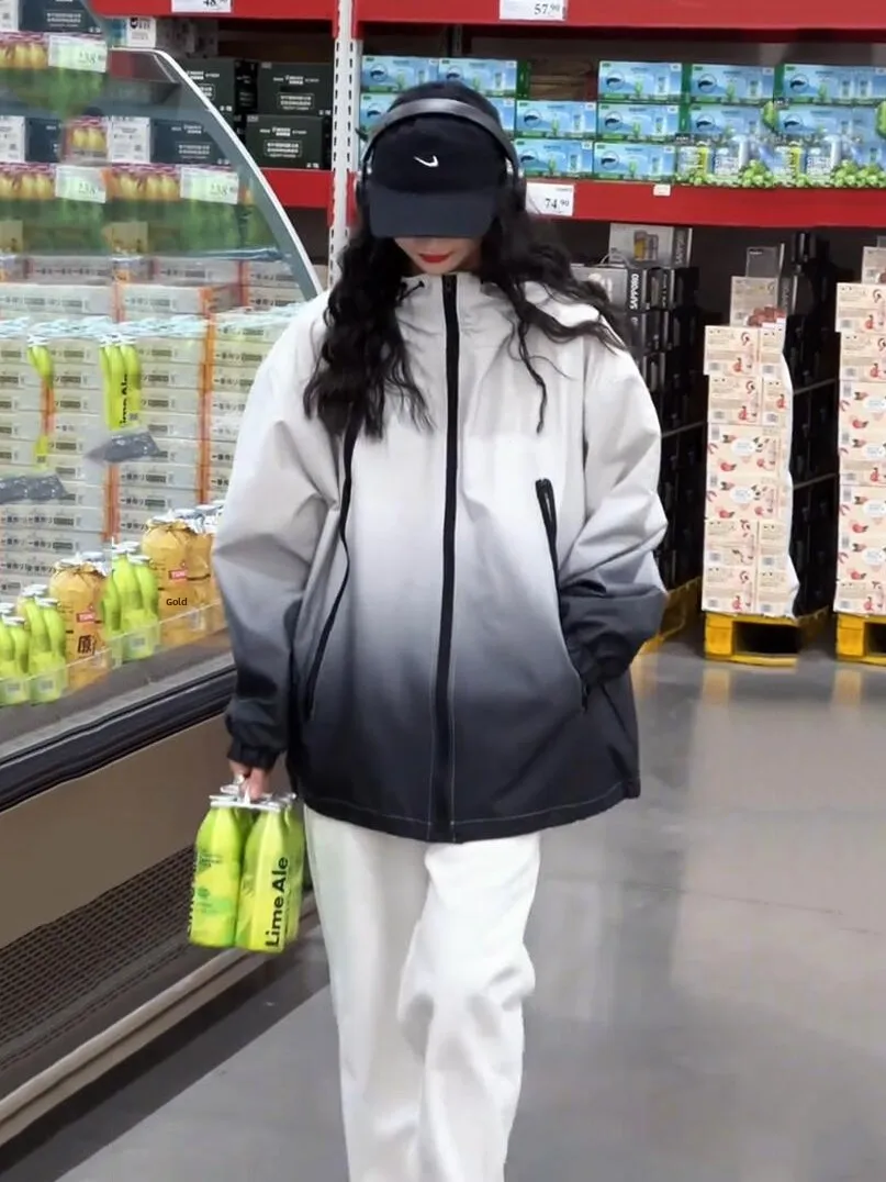 

Vintage adient Color Men's Spring Autumn Windproof Jaet Street Sle High Faion Couple's Outdoor Breathable Zipper Hoodie