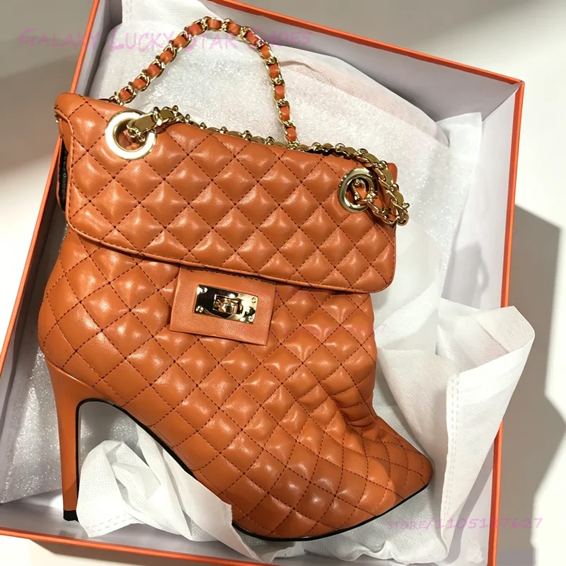 

Women Brown Plaid Handbag Boot Burgundy Loose Fitting Upright Stiff Pointed Toe Heel Pointed Black Metal Chain Calf Fashion Shoe