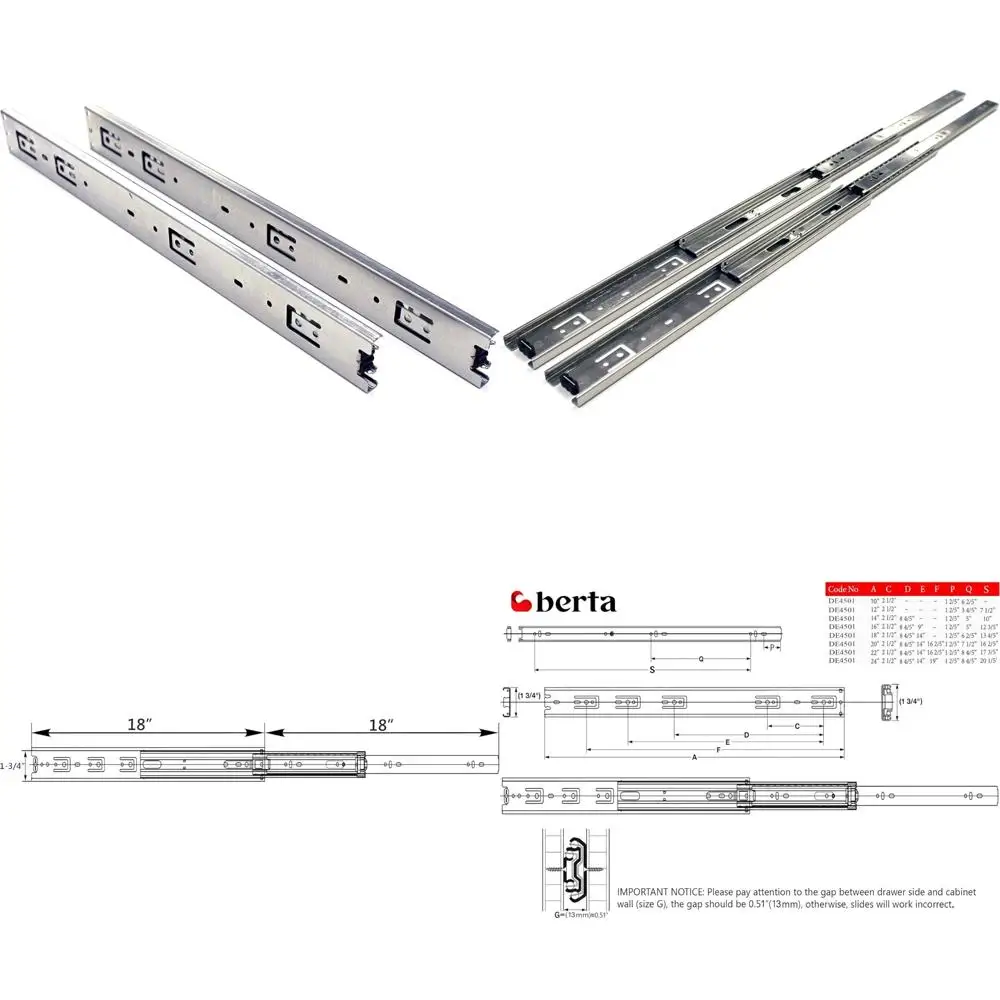 شرائح أدراج كروية كاملة التمديد مقاس 18 بوصة من الفولاذ شديد التحمل، سعة تحميل 100 رطل، حامل جانبي، 10 أزواج #1