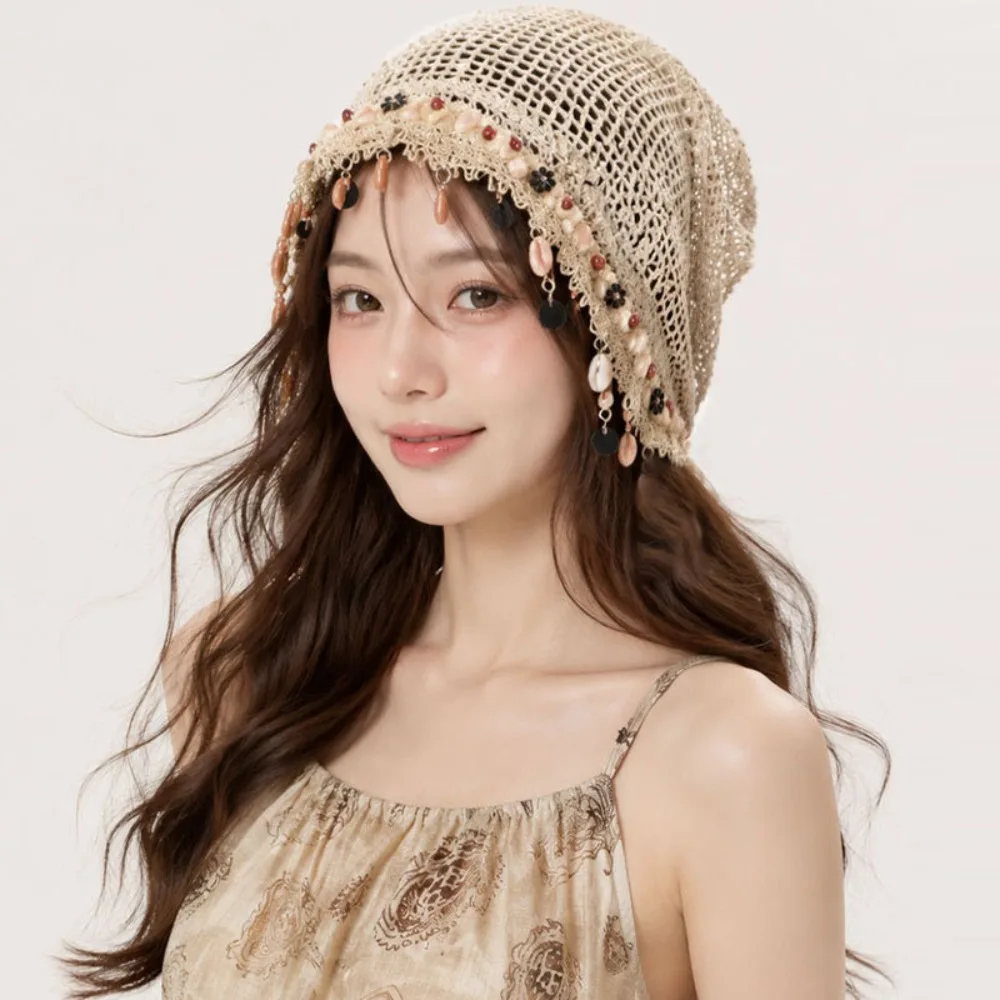 Seasheel Tassel Trim Mesh Beanie for Women Breathable Versatile Knit Skull Cap Soft Hollow Out Beaded Crochet Cap Spring Summer 2