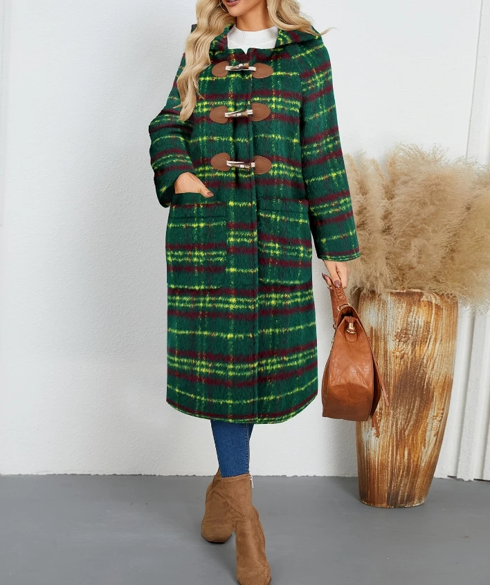 

Winter Coats Woman 2024 Vintage Plaid Cow Horn Buttoned Woolen Coat Loose Fitting Hooded Warm Long Sleeves Long Jacket