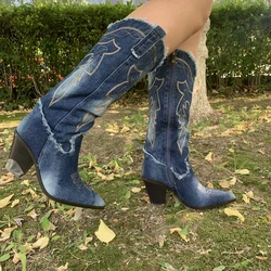 2024 New Autumn Blue Denim Boots Embroidered Retro Pointed Western Cowboy Boots Women's Thick Heel Knee High Boots