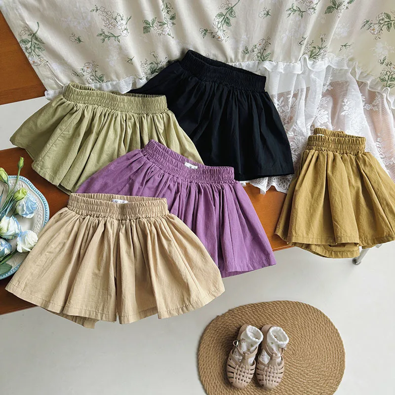 Baby Girls Shorts Skirts Summer Casual Pleated Elasticity Waist Shorts for Kids Clothing Solid Color Kawaii Children Pants New