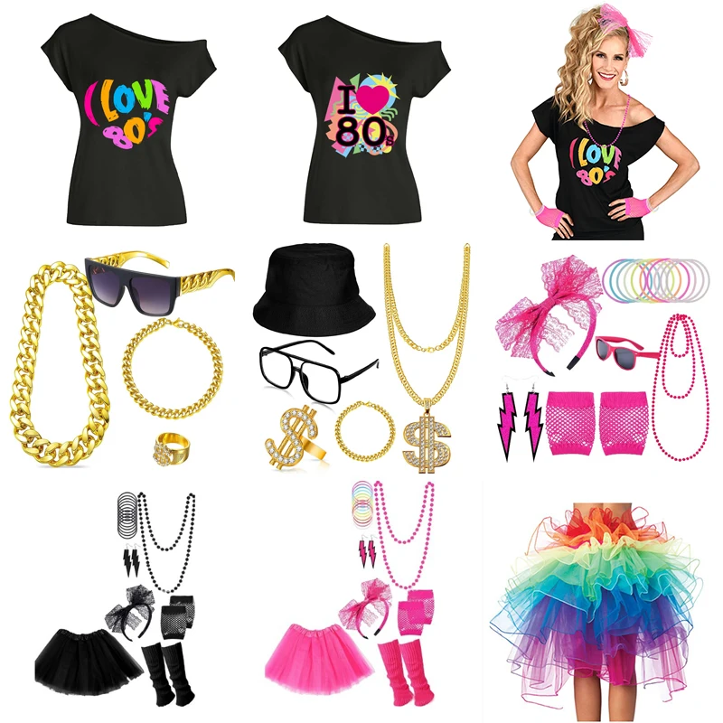 80er Jahre Kostüm Accessoires Retro Frauen Party Kostüm Set Erwachsenen Tutu Rock Neon Netz handschuhe Perlen Halskette Armband Ohrringe