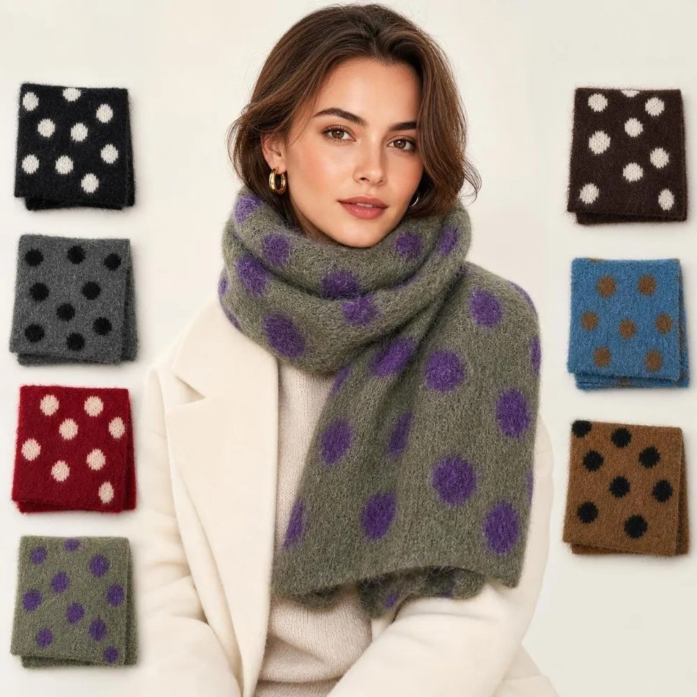 Versatile Polka Dot Pattern Knitted Scarf Warm Coldproof Neck Warmer Soft Wool Blend Scarf Women