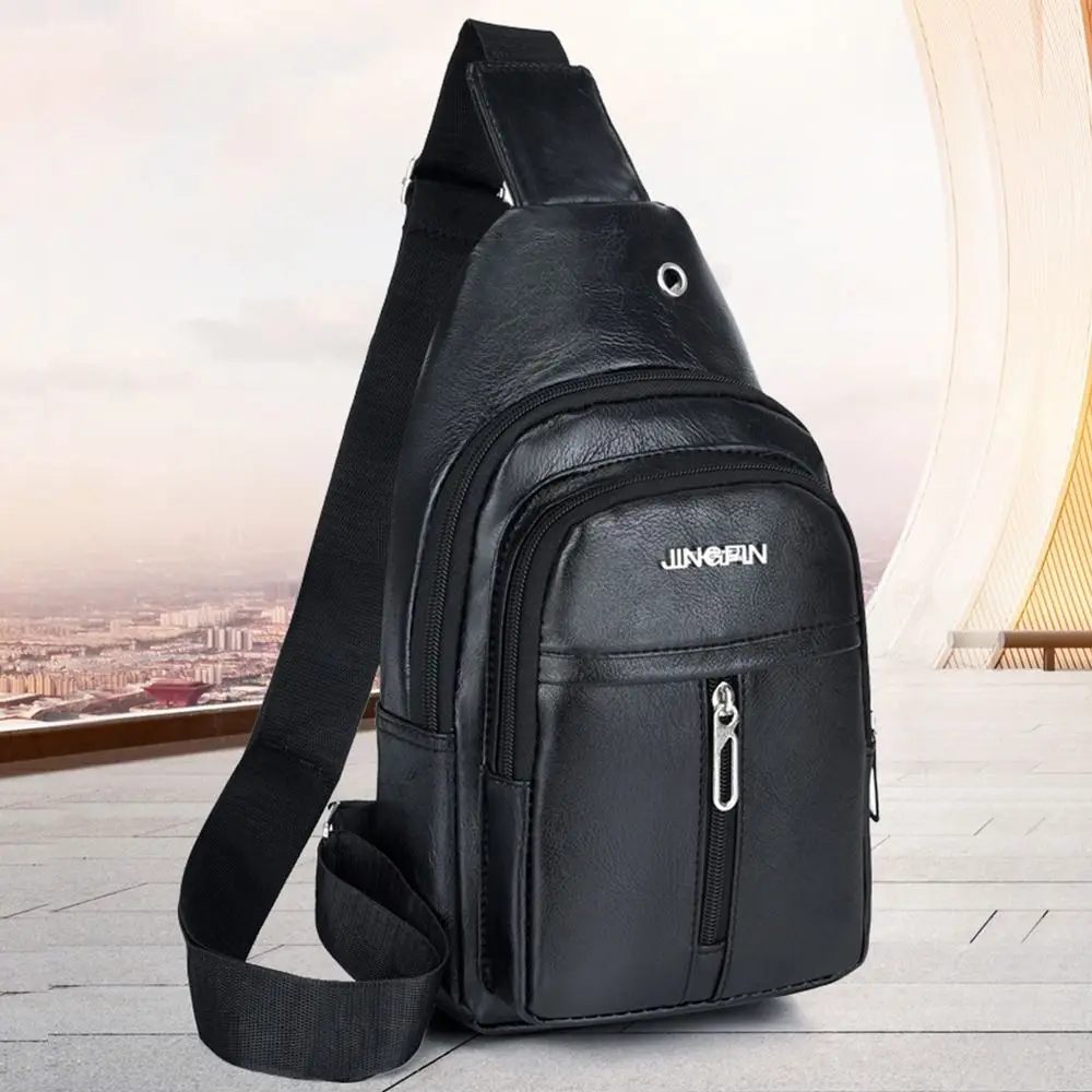 Solid Color Men\'s Sling Bag Fashion PU Leather Large Capacity Crossbody Bag with Earphones Hole Anti-theft Chest Bag