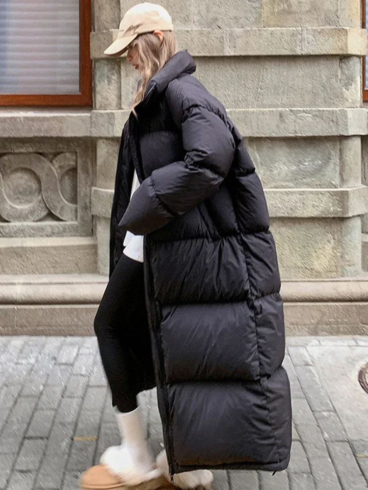 Women White  Jacket Thick Warm Snow Jacket Stand Collar Fluff Long Coat Female Windproof Outerware Loose Puffer Parka