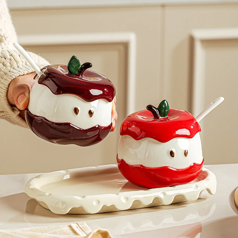 Creative Apple Shape Ceramic Seasoning Jar 2026 Household 240ml Kitchen Salt Shaker with Lid Scoop High Aesthetic Exquisite Jar