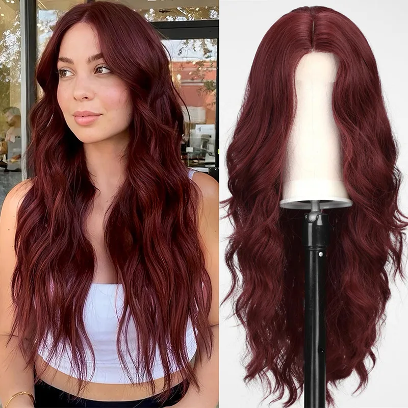 

Red wine color synthetic wig with long curly hair, full head of wig, party, daily use, high-temperature hair wig