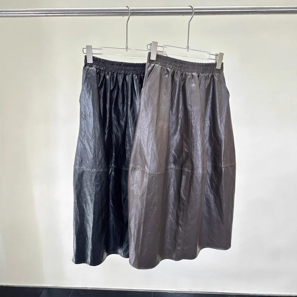High-waisted stretch waist PU leather half-length skirt with color-block design for women y2k skirt