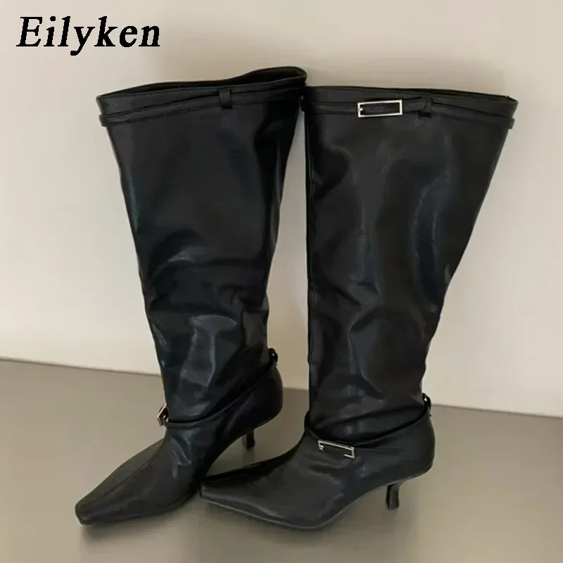 Eilyken 2027 Women Pointed Toe Thin Low Heels Knee-High Boots Punk Style Belt Buckle Party Dress Shoes Autumn Winter Booties