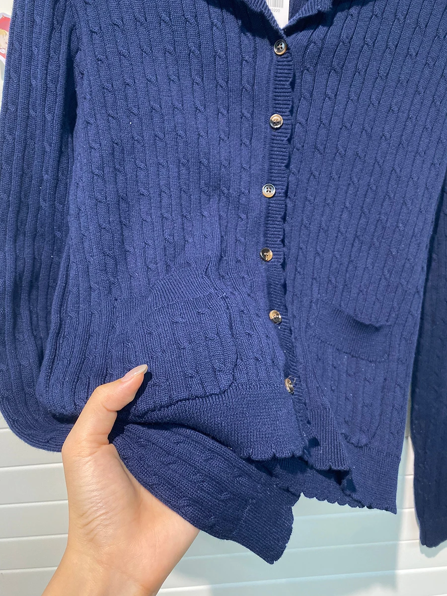 Navy Twist Babydoll Collar Cardigan Women Autumn New Lace Trim Cotton Buttons Knitted Jumper Cute Sweet Preppy Style Sweaters