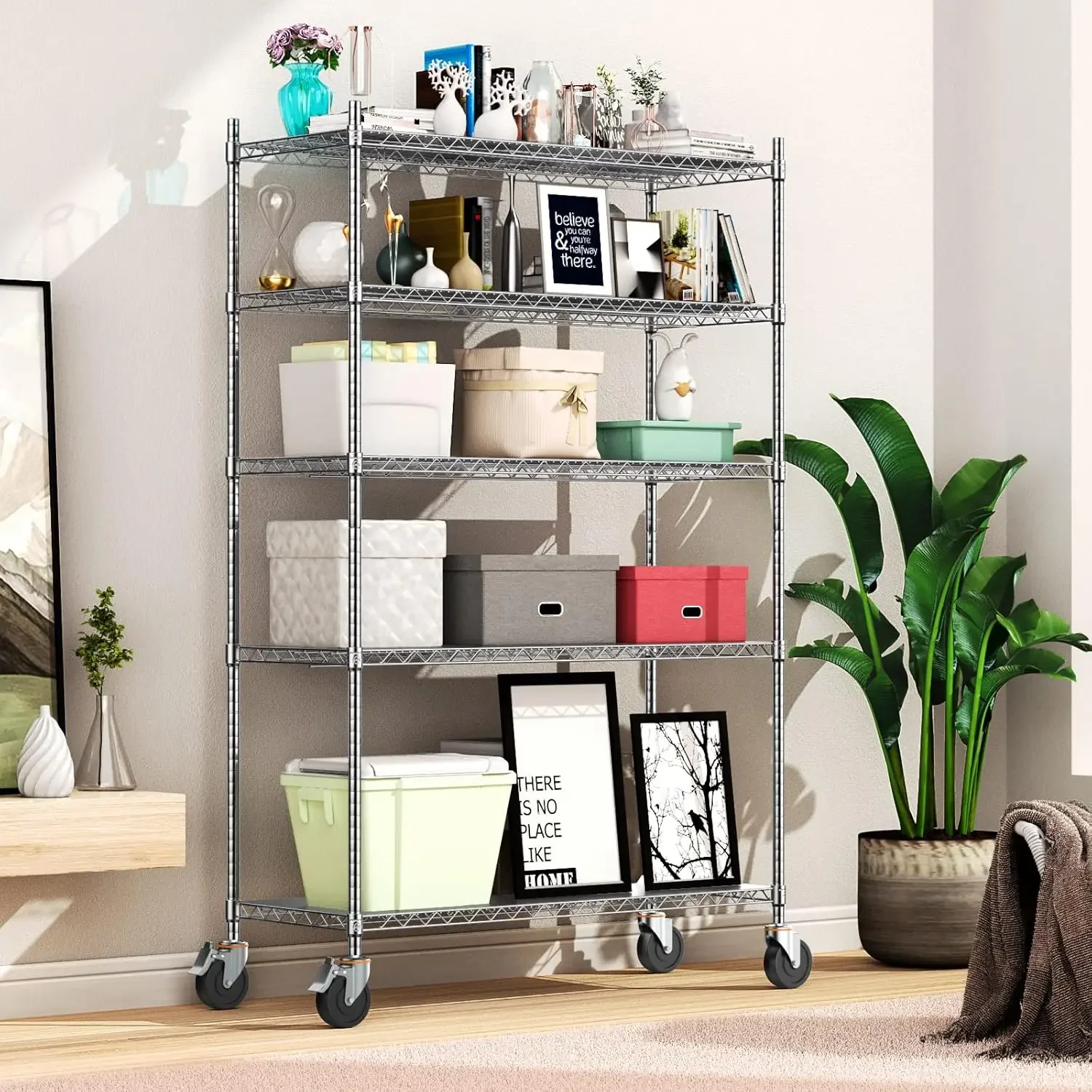 Wire Shelving with Wheels, 3000Lbs Heavy Duty NSF-Certified Metal Storage Shelf, Commercial-Grade Adjustable Utility Rack