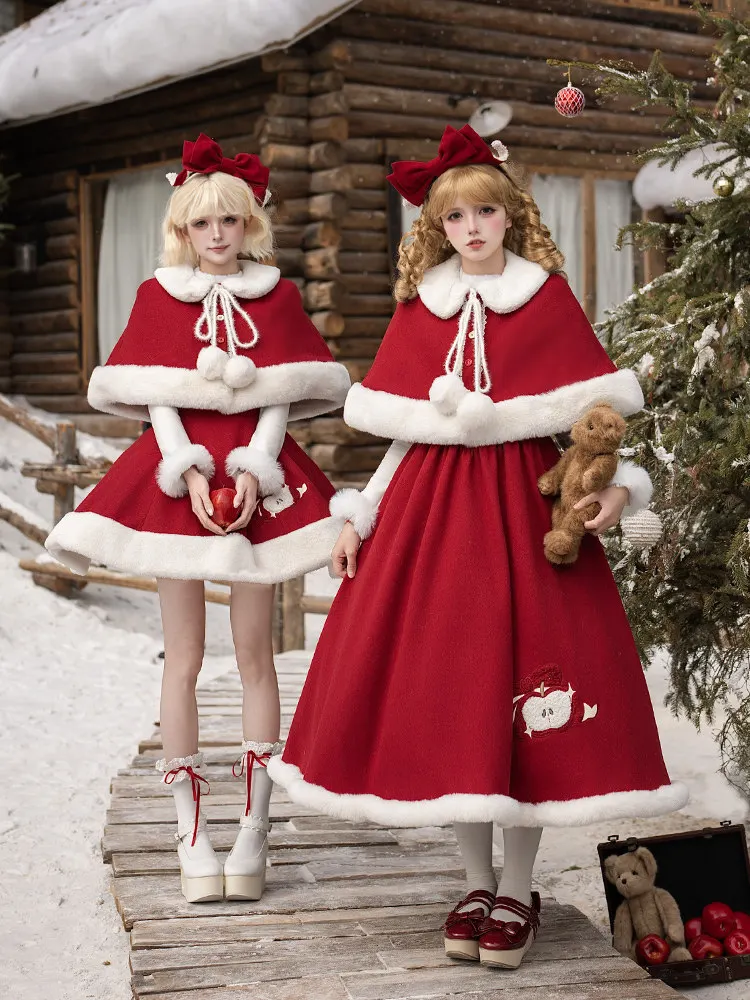 

Christmas Lolita Jsk Dress Set Red Short Lolita Dress With Bow Headband Scarf Brooch Winter Sweet Kawaii Lolita