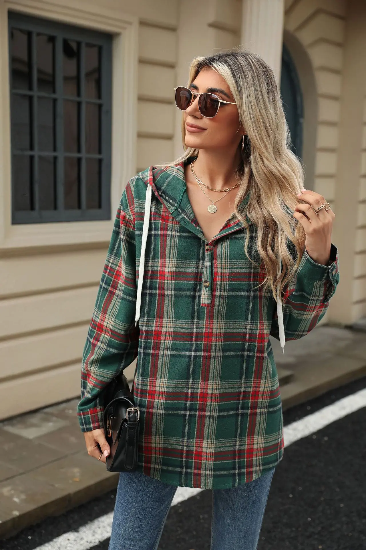 2024 Autumn and winter new loose long sleeved hooded button checkered coat casual hoodie for women