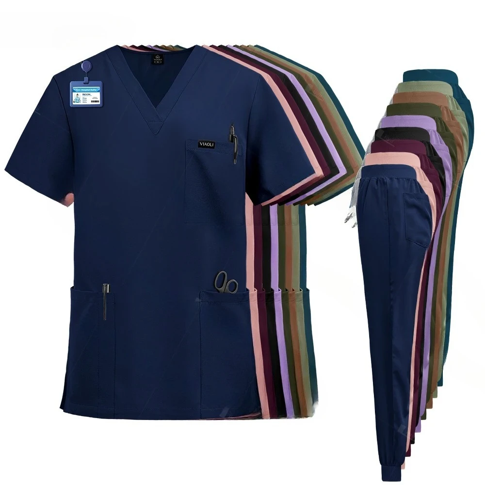 NEW Surgical Nurse Uniforms Medical Scrubs Set Beauty Salon Lab Workwear Clinical Scrub Top+ Pants Doctor Nursing Suit Woman Men
