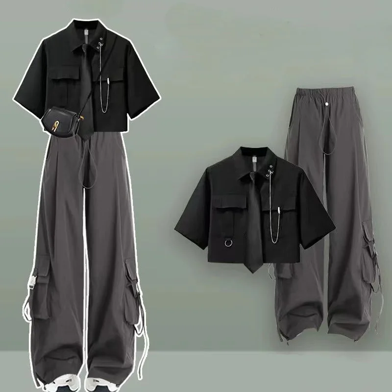 Sweet Cool Set 2024 Summer Female Student Korean Edition Loose Design Work Shirt Work Pants Two Piece Set Trendy Pant Sets