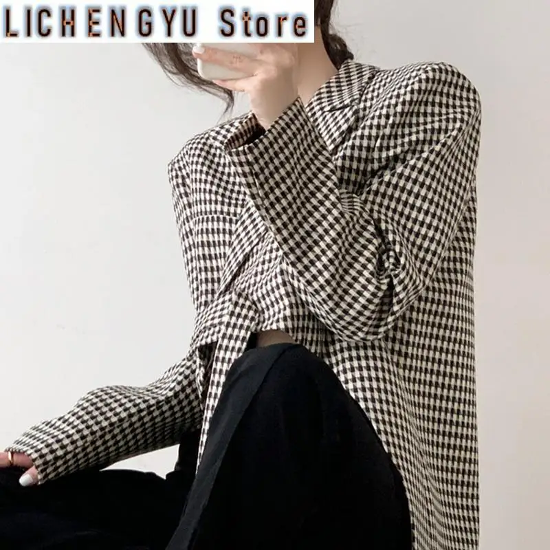 New Vintage Plaid Blazer Women Irregular Houndstooth Suit Jacket Sexy Cropped Coat Korean Elegant Office Lady Outwear Autumn