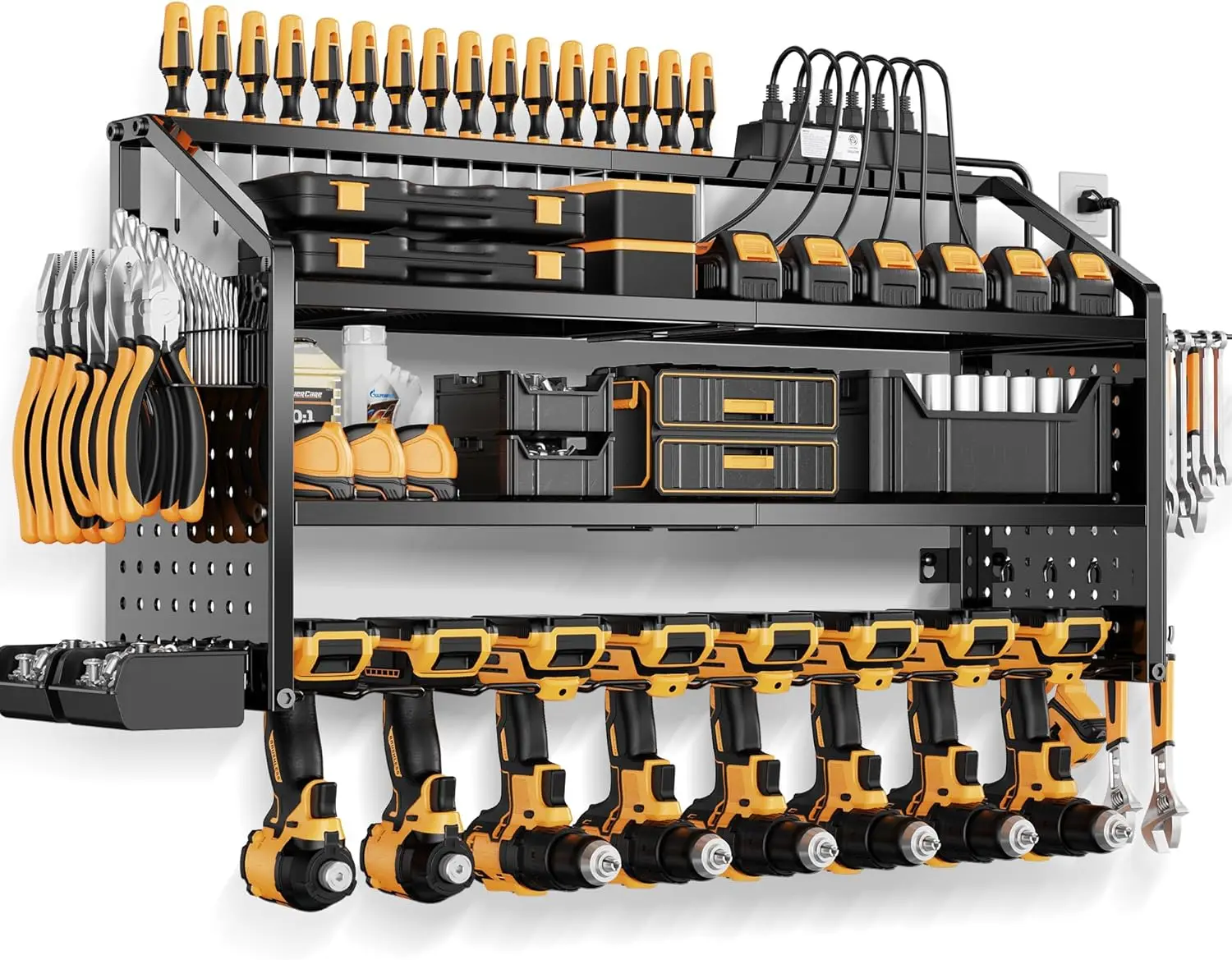 

Heavy-Duty Wall-Mounted Tool Organizer with Charging Station, 8 Drill Slots, 4 Layers, Metal Storage Rack for Garage