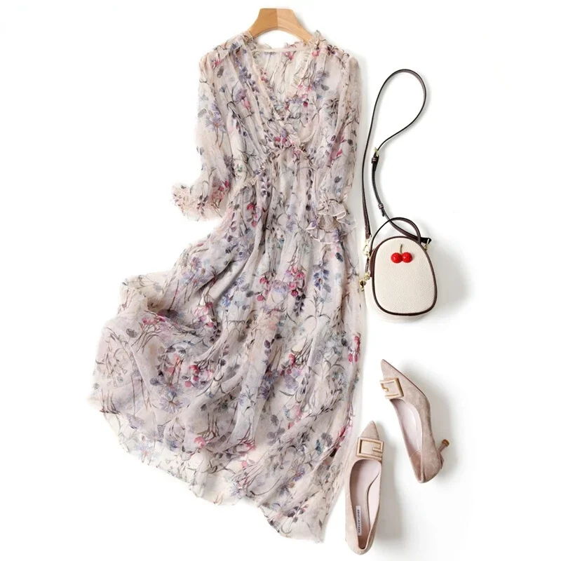 

100% Real Silk Summer Dress Women Clothing Elegant Green Party Dress For Women Fashion Print Pink Dresses Vestidos Mujer Zm270