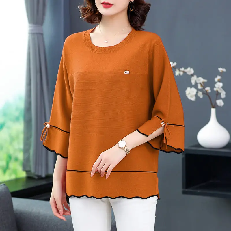 Elegant Chic Hollow Kralen Boog Drie Kwart Mouw Knitwears Vrouwen Mode Eenvoudige Casual Losse Solid Trui Knit Top Kleding