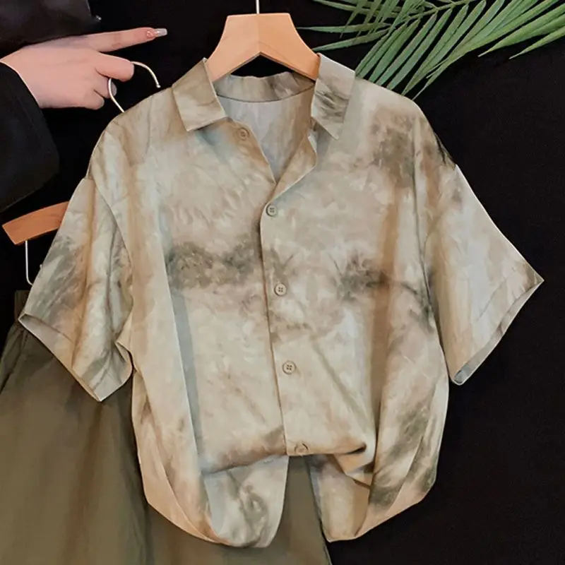 

Loose Fit Men's Short Sleeve Shirt Dyed Tie Summer Thin Style National Trend Casual Handsome Top Button up Cotton Shirt