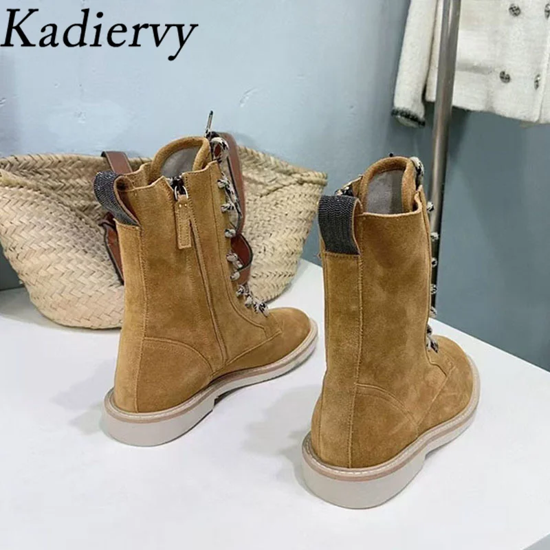 Gran oferta de botas cortas para mujer, botas de caballero con cordones y punta redonda, zapatos planos con cuentas, botas de moto de gamuza de vaca para mujer