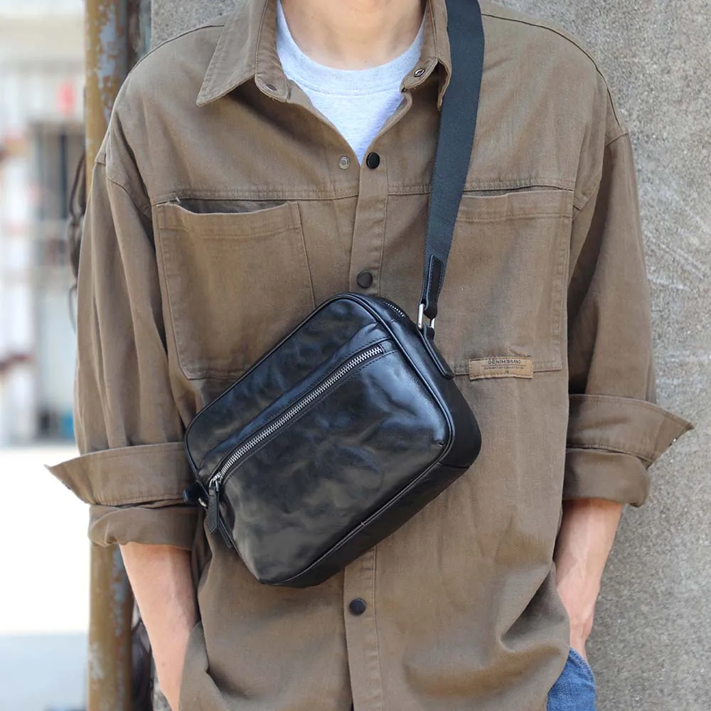 Echte Leder-Umhängetasche für Herren, einfache Rindsledertasche, hochwertiges, pflanzlich gegerbtes Leder, modischer Casual-Stil. – Detail 5