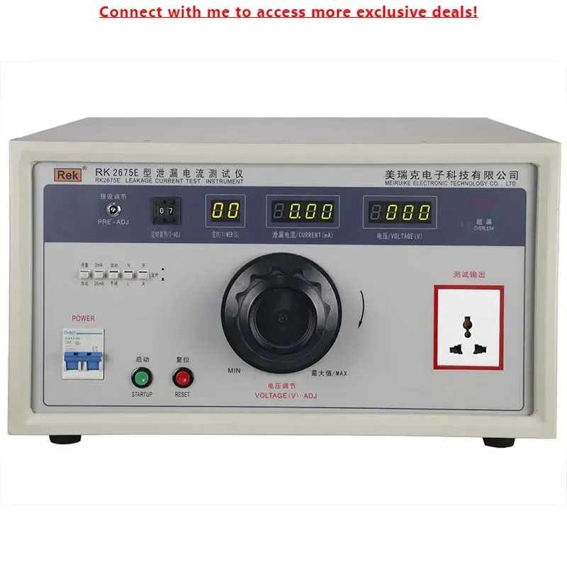 

Rek RK2675E Leakage Current Tester Transformer Capacity 5000VA, Voltage 0-250V, Current 0-20mA, Accuracy 5%