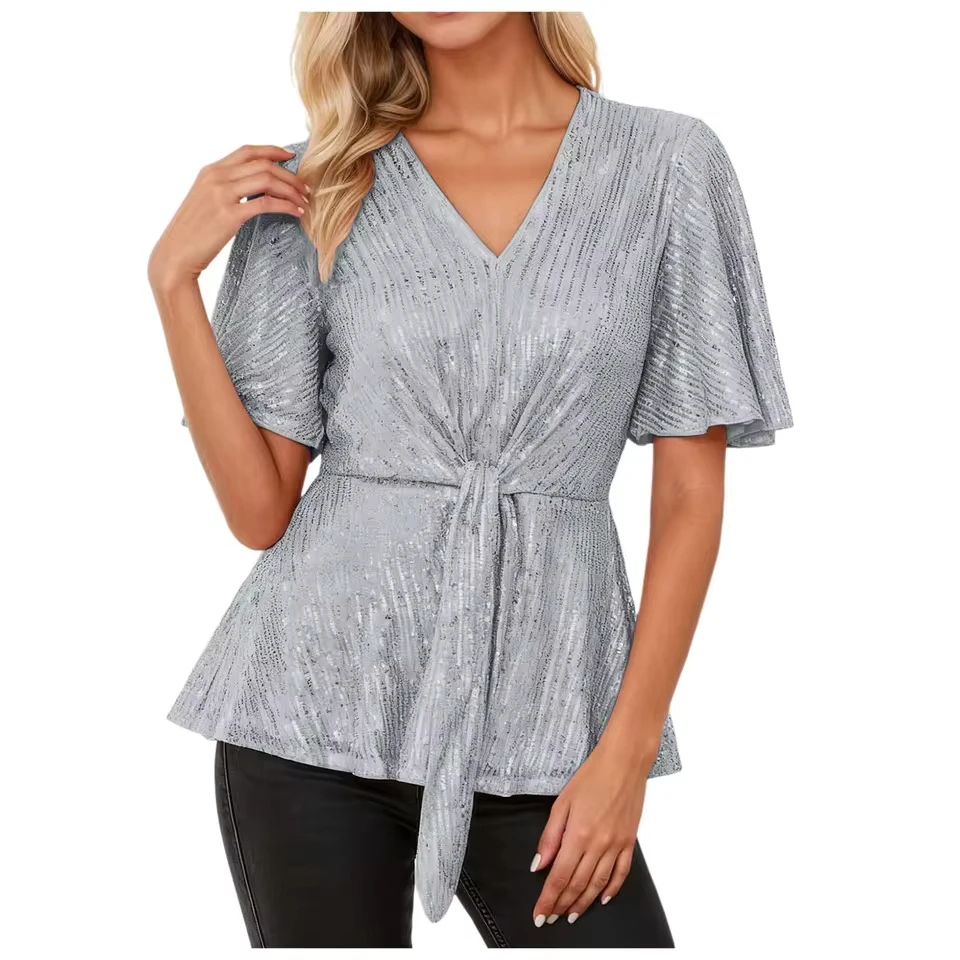 

Women Fashion Silver Wire Shirt Sexy Mesh V Neck Flared Short Sleeved Top With Drawstring Loose T Shirt Cotton Shirt Girl