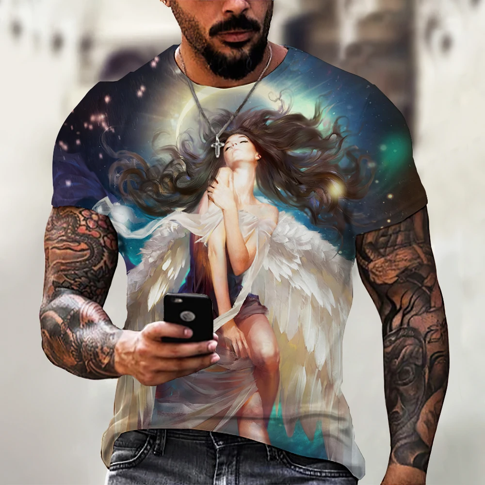 Men\'s Vintage T-shirt 3D Angel Print Sports Casual T-shirt Short Sleeve Top T-shirt Men\'s Street Clothing Oil Painting Style Top