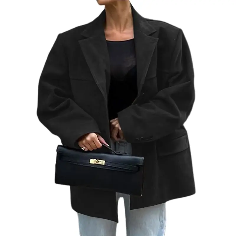 

A24F-Women's Faux Suede Blazer Jacket Notched Lapel Single Breasted Faux Suede Leather Suit Jacket